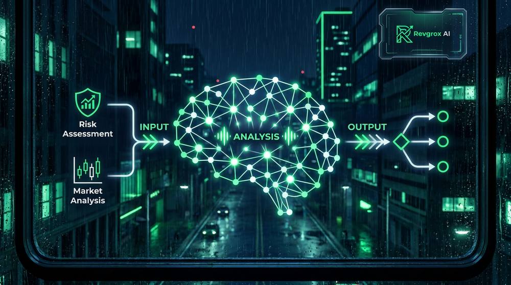 Revgrox AI predictive engine architecture with data flows, an intelligent assistant and analysis dashboards