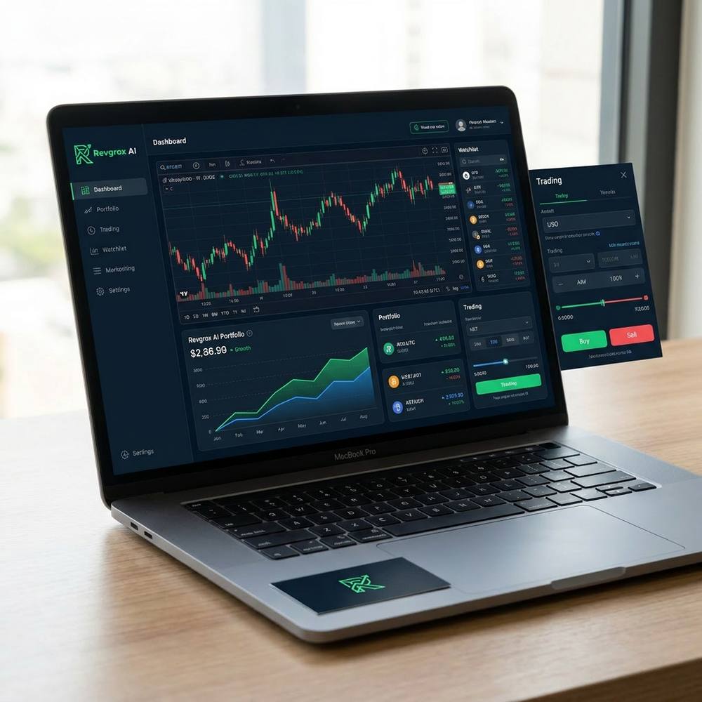 Revgrox AI platform — trading interface with intelligent assistant, real-time charts and a multi-asset control panel