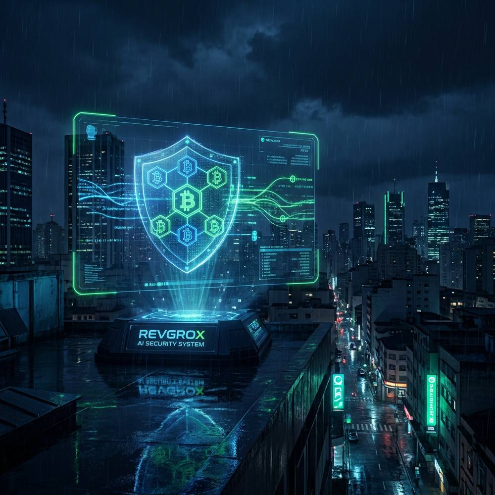 Revgrox AI security — a smart lock and neural shield protecting digital assets across a global network