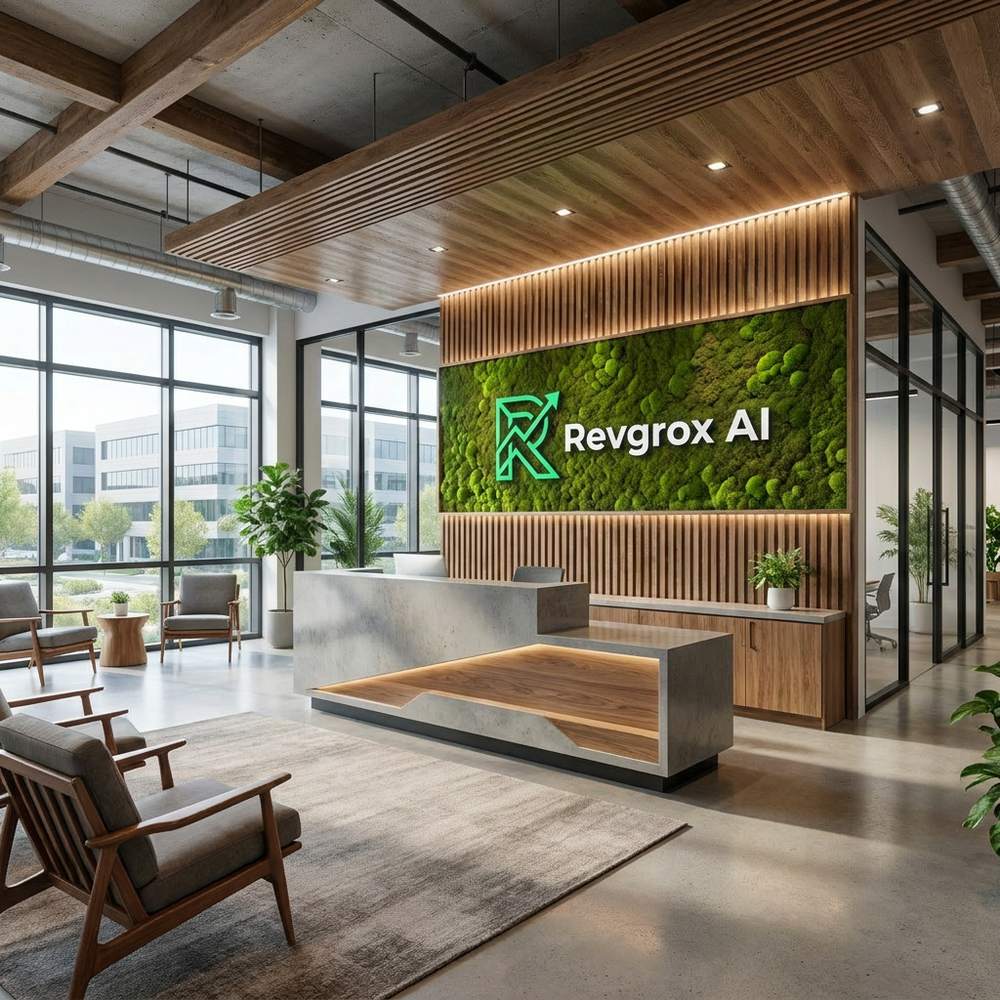 Revgrox AI headquarters — a modern reception with an illuminated brand sign and working team