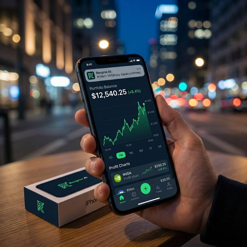 Revgrox AI mobile app showing live portfolio, alerts and one-tap trading on a smartphone