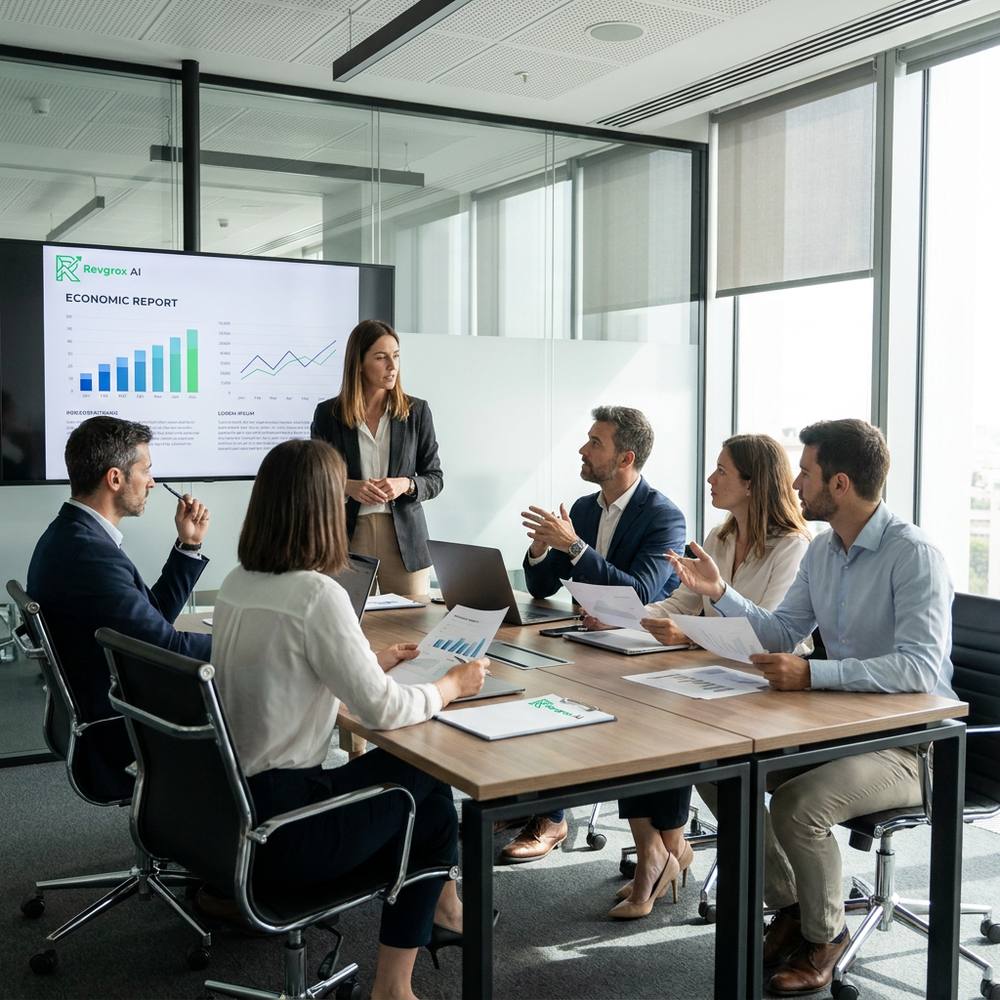 Revgrox AI team in a strategy meeting reviewing markets and product roadmap